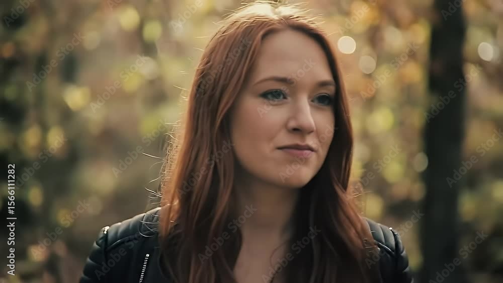 Portrait Of a Red Haired Woman in Black Leather Jacket Against a Soft Blurred Nature Background With Glowing Light Portrait Of a Red Haired Woman in Black Leather Jacket Against a Soft Blurred Nature Background With Glowing Light