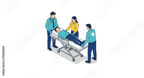 Medical emergency response vector illustration: healthcare, hospital, isometric design for training materials