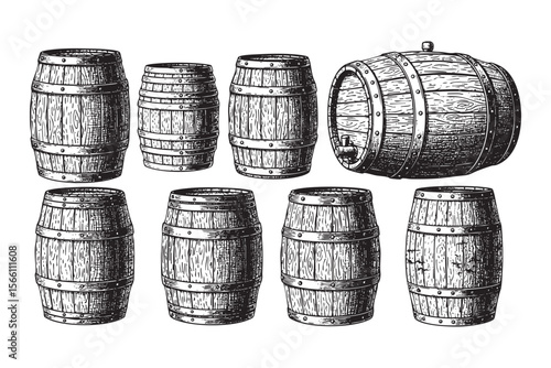Wooden Barrels Vector Engraving Set