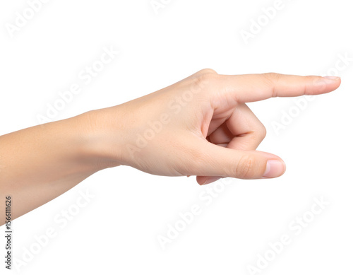 A human hand with a light skin tone extends its index finger, pointing directly forward to indicate direction or