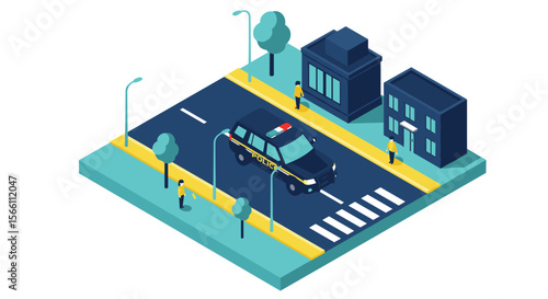 Isometric city street with police car vector illustration for urban design