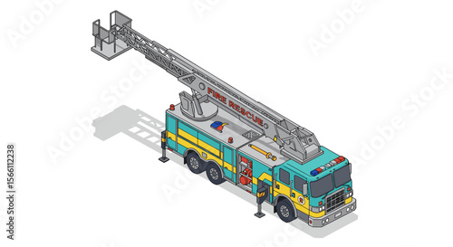 Isometric fire truck rescue design vector illustration for safety awareness posters