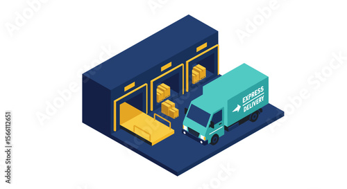 Isometric logistics illustration: express delivery warehouse design for posters
