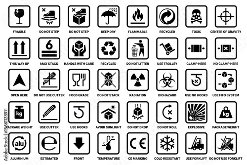 Cardboard packaging icon set vector. Fragile, handle with care, keep dry, do not use forklift, food grade, do not step, stack, roll, ce making, this way up sign icons. Hazard signs. Package sign.