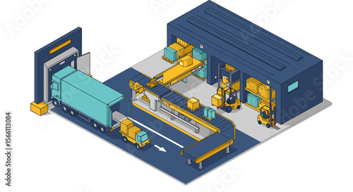 Isometric warehouse and logistics vector illustration for industrial design