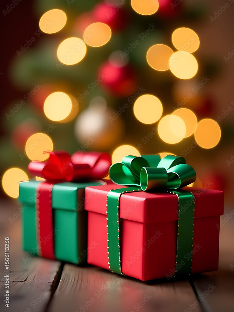 gifts red green adorn blurred backdrop swirling golden hues softly glowing gifts red green adorn blurred backdrop swirling golden hues softly glowing