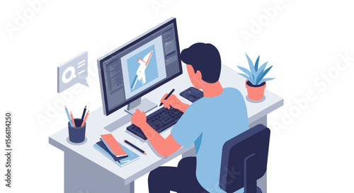 Digital artist workspace vector illustration - creative office design for print and web in isometric style