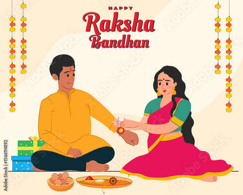 raksha bandhan festival celebration with Brother and Sister Tying Rakhi vector illustration