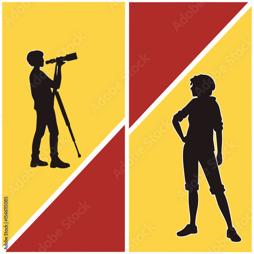 Silhouetted figures against a geometric background of yellow and red with contrasting poses and activities