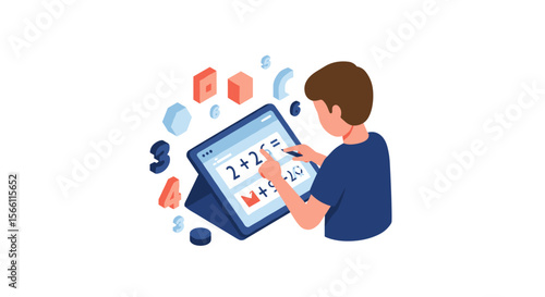Child learning math with tablet vector illustration for educational design and poster in isometric style