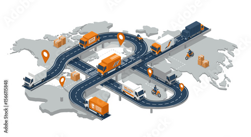 Global logistics network: flat isometric vector illustration for supply chain solutions