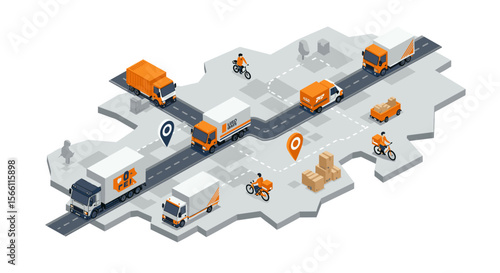 Isometric city logistics vector illustration for delivery solutions and urban planning
