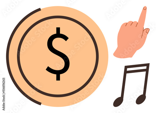 Dollar sign in circular outline, hand pointing upward, and music note evoke financial focus, decision, and creativity. Ideal for finance, choice, music, creativity economics art investment simples
