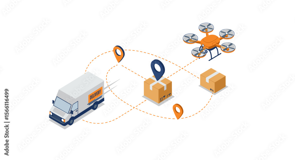 Modern delivery logistics with drone and truck route vector illustration
