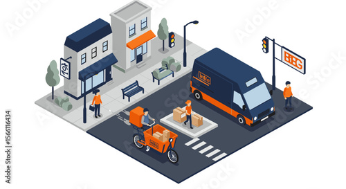 Isometric urban delivery vector illustration for modern logistics design