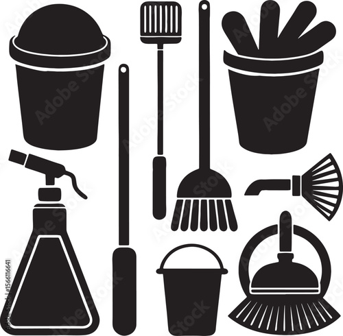 Collection of cleaning tools and supplies in silhouette icons vector on white background