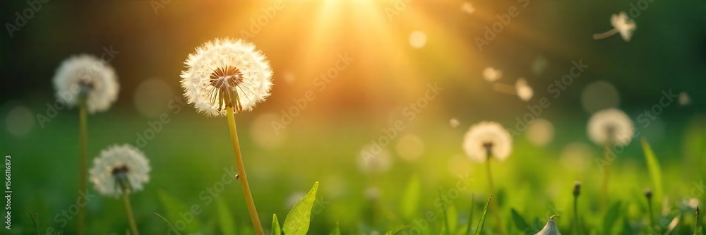 Obraz premium Sunbeams Illuminate Floating Dandelion Seeds A Serene Image Evoking Gentle Hope, Spiritual Awakening, and Inner Peace, Perfect for Meditation, Mindfulness, and Zen Themes.