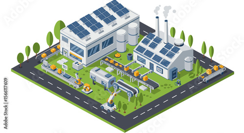 Isometric eco-friendly factory vector illustration for green manufacturing concepts