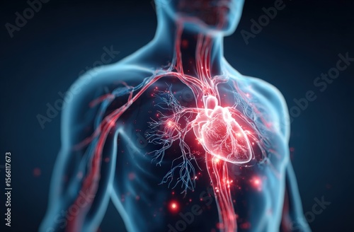 A digital illustration showing the human heart and vascular system glowing within the upper body.