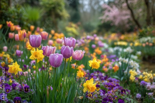 Colorful Spring Garden with Tulips Daffodils and Pansies