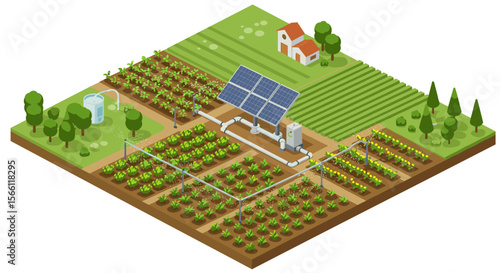 Sustainable agriculture vector illustration: isometric farm landscape with solar panels for eco-friendly design