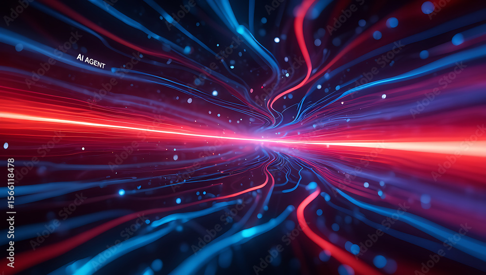 Abstract glowing red and blue light trails converge into a bright central point Abstract glowing red and blue light trails converge into a bright central point