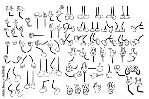 Cartoon hand and legs in shoes. Comic retro feet in different poses, funny character mascot foot in boot, leg standing, walking, running, jumping. thumb, peace, hand, one, two ,three, four, clenched 