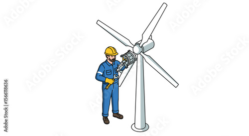Wind turbine maintenance concept: worker repairing renewable energy equipment - vector illustration for educational and informational design