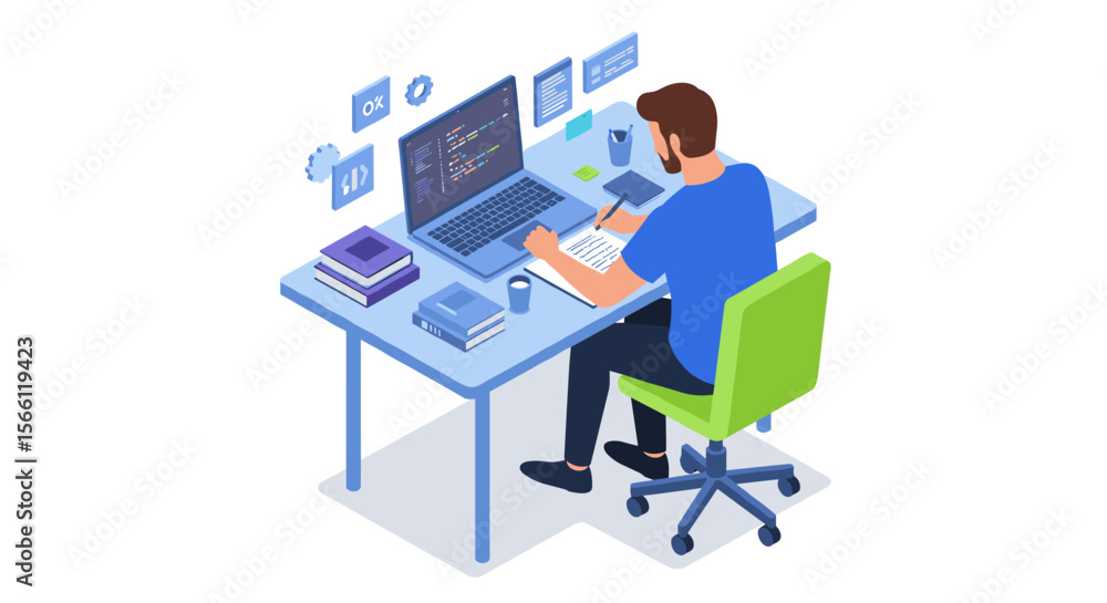 Programming workspace vector illustration: developer coding in office, design for tech poster, isometric style Programming workspace vector illustration: developer coding in office, design for tech poster, isometric style