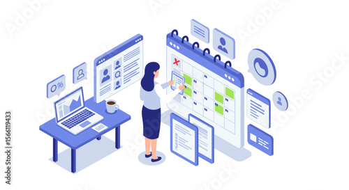 Office management vector illustration: isometric design for business and productivity concepts