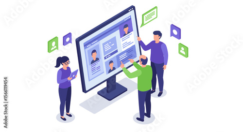Isometric vector illustration of collaborative teamwork on social media profile design