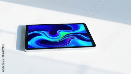 A white tablet computer with a vibrant abstract design on its screen, angled on a white surface.