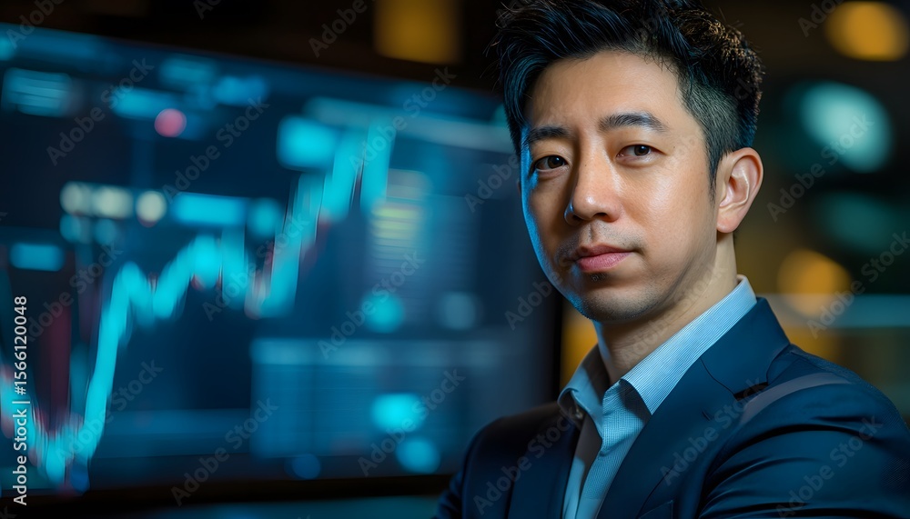 Fototapeta premium A confident business professional stands in front of a digital financial chart, exemplifying the modern corporate environment and the importance of data-driven decision-making.