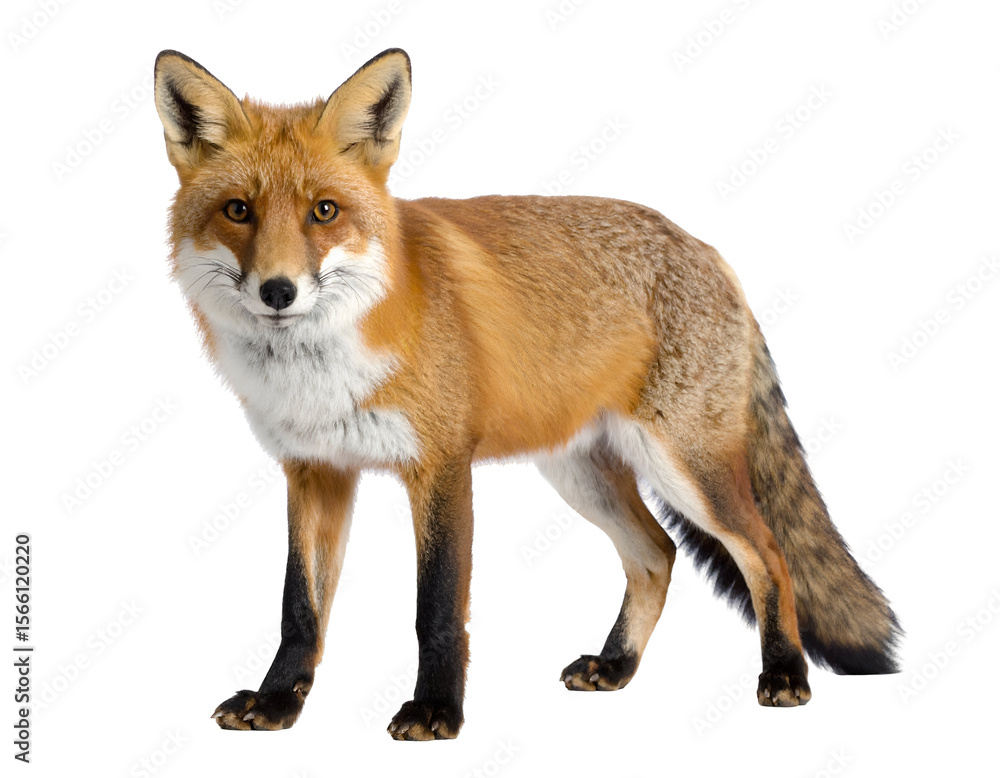 A beautiful red fox stands alertly, showcasing its vibrant fur and keen gaze directly forward. A beautiful red fox stands alertly, showcasing its vibrant fur and keen gaze directly forward.
