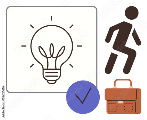 Light bulb symbolizing ideas, person climbing stairs for progress, checkmark for completion, and briefcase for professionalism. Ideal for innovation, growth, success, business planning, achievement