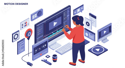 Motion design creation process vector illustration: isometric style for digital media concept