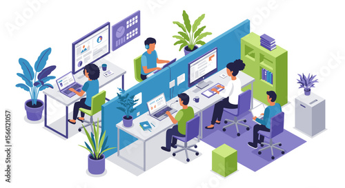 Modern office workspace vector illustration: teamwork in a collaborative environment, isometric design for corporate brochures and web graphics