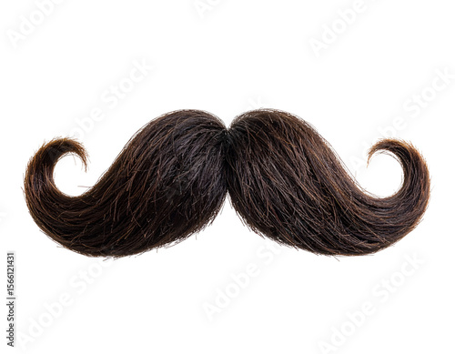 An intricately styled dark brown mustache with gracefully curled ends embodies a timeless and distinguished look.