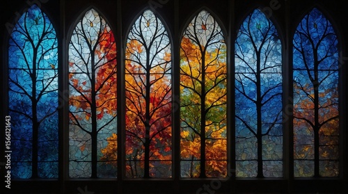 Colorful Stained Glass Church Window Depicting Autumn Trees