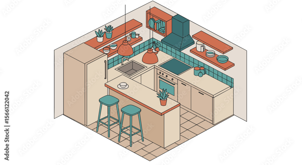 Isometric kitchen design vector illustration for modern interior decor concepts Isometric kitchen design vector illustration for modern interior decor concepts