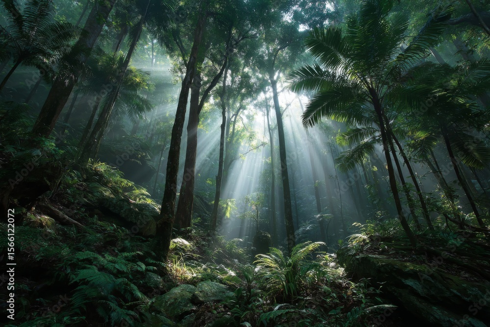 Obraz premium Sunlit Forest Path with Lush Greenery and Fog