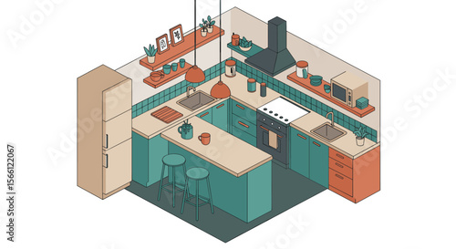 Cozy modern kitchen design vector illustration in isometric style for interior decor