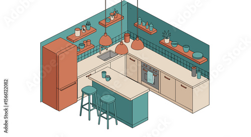 Modern kitchen space vector illustration: isometric design for interior posters