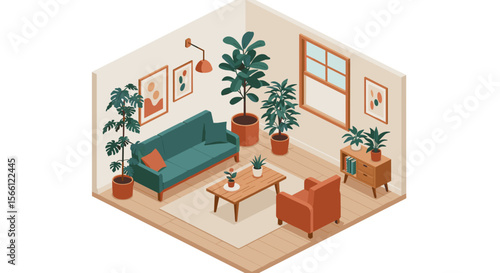 Cozy living room interior vector illustration: flat isometric design for decor inspiration