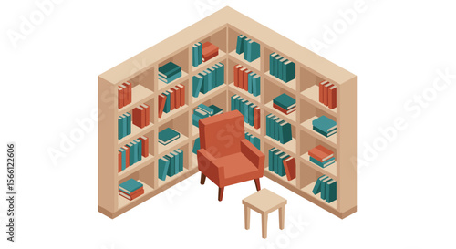 Cozy library corner vector illustration: isometric book nook for interior design and print