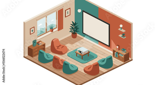 Cozy home theater setup vector illustration for interior design print in isometric style