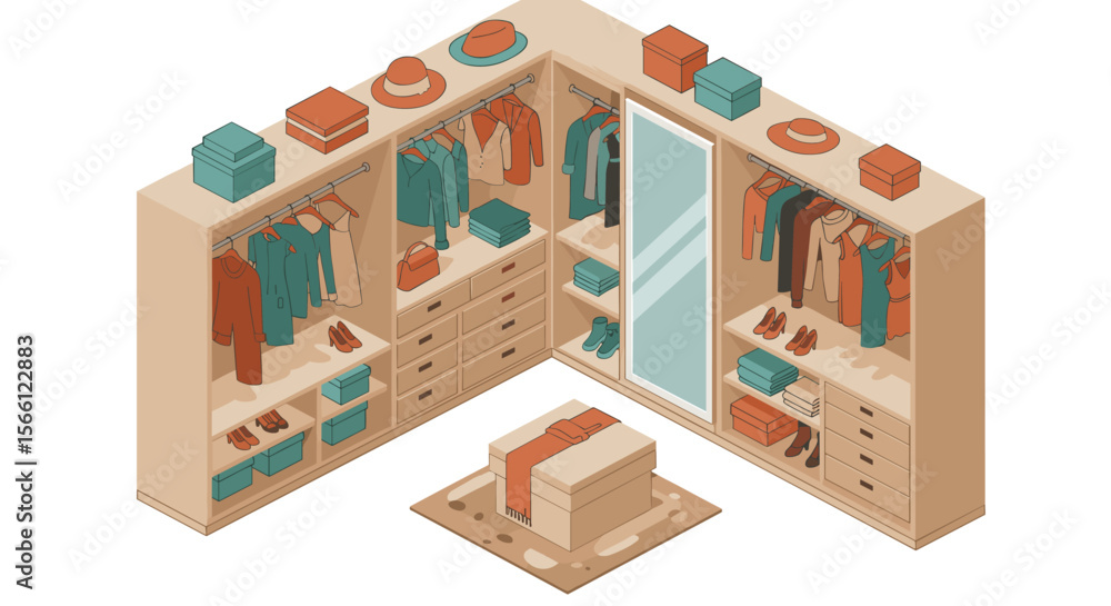 Isometric wardrobe vector illustration: organization and fashion concept for interior design Isometric wardrobe vector illustration: organization and fashion concept for interior design