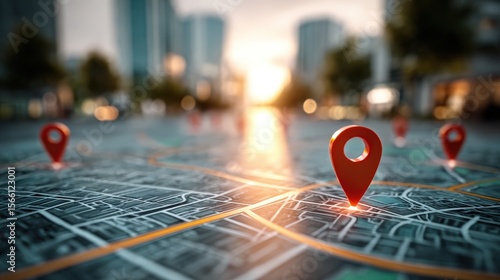 A city map with red location pins marking various points, symbolizing navigation and geolocation in an urban setting during sunset.