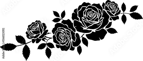 black silhouette of roses and leaves isolated on white background, vector illustration