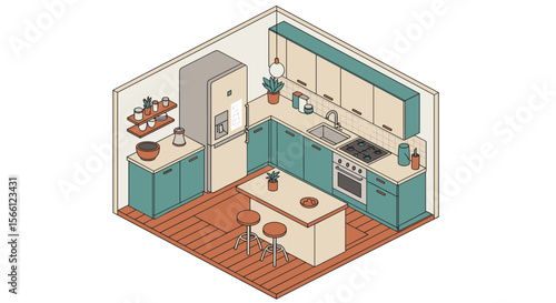 Modern kitchen interior isometric vector illustration for design and decor